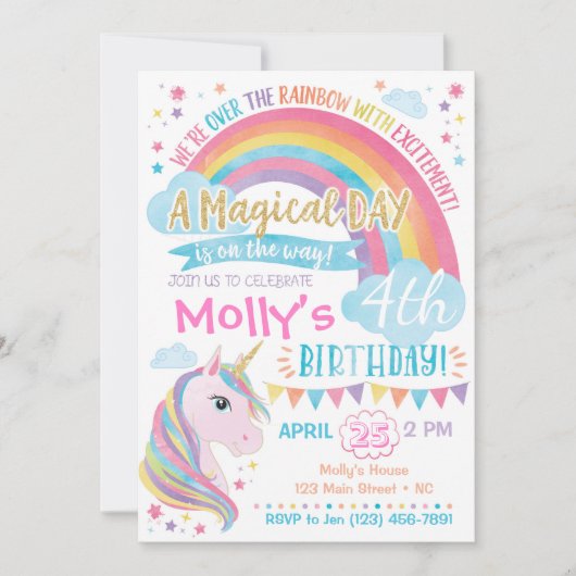 Magical Unicorn Birthday Invitation Rainbow Invite Kaart (Voorkant)