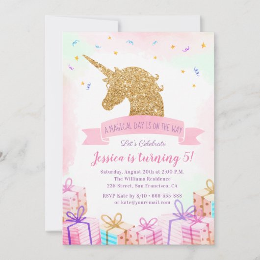 Magical Unicorn Birthday Invitation | Roze goud Kaart (Voorkant)