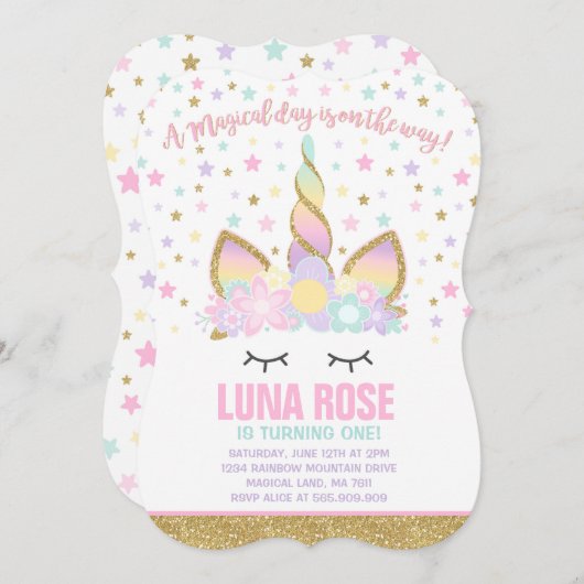 Magical Unicorn Birthday Invitation Unicorn Kaart (Voorkant / Achterkant)