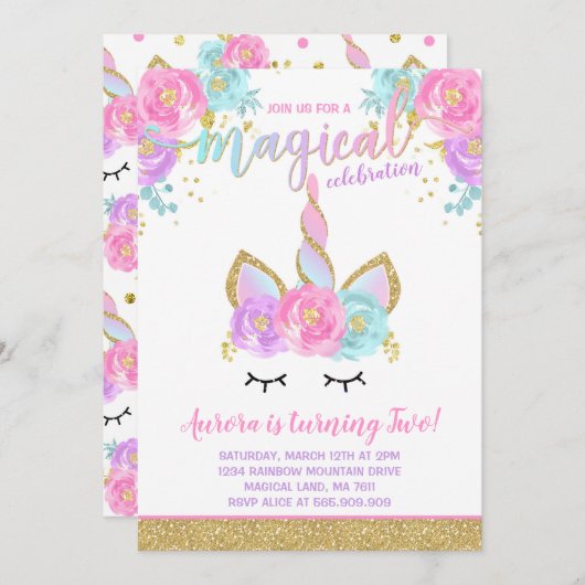 Magical Unicorn Birthday Invitation Unicorn Kaart (Voorkant / Achterkant)