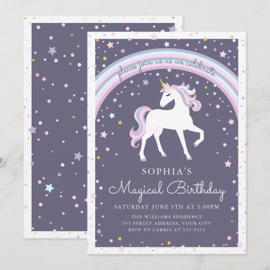Magical Unicorn Birthday Invite Kaart (Voorkant / Achterkant)