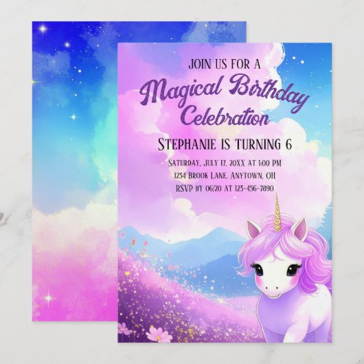 Magical Unicorn Birthday Party Invitation Kaart (Voorkant / Achterkant)