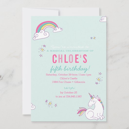 Magical Unicorn Birthday Party Invitation Kaart (Voorkant)