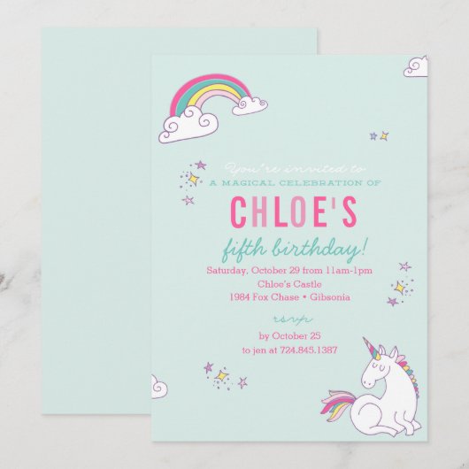 Magical Unicorn Birthday Party Invitation Kaart (Voorkant / Achterkant)