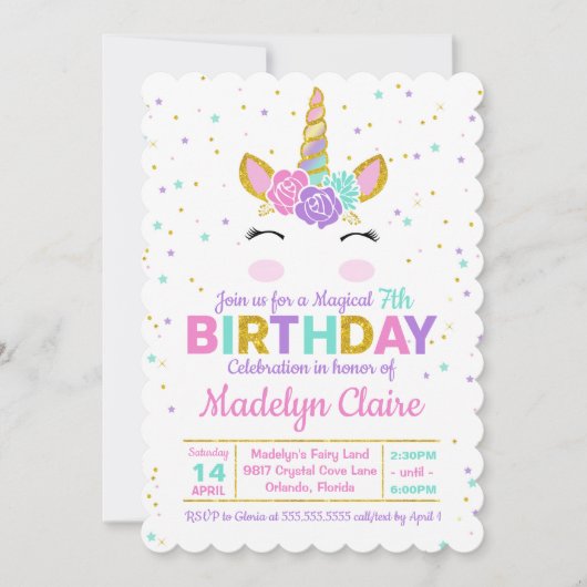 Magical Unicorn Birthday Party Invitation Kaart (Voorkant)