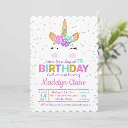 Magical Unicorn Birthday Party Invitation Kaart (Staand voorkant)