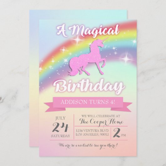 Magical Unicorn Birthday Party Invitation Kaart (Voorkant / Achterkant)