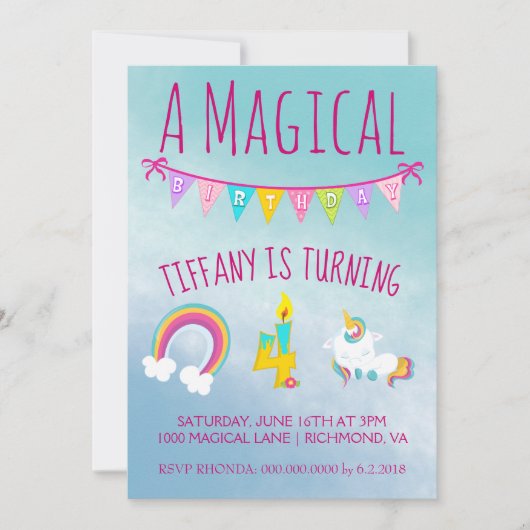 Magical Unicorn Birthday Party Vier jaar oud Kaart (Voorkant)