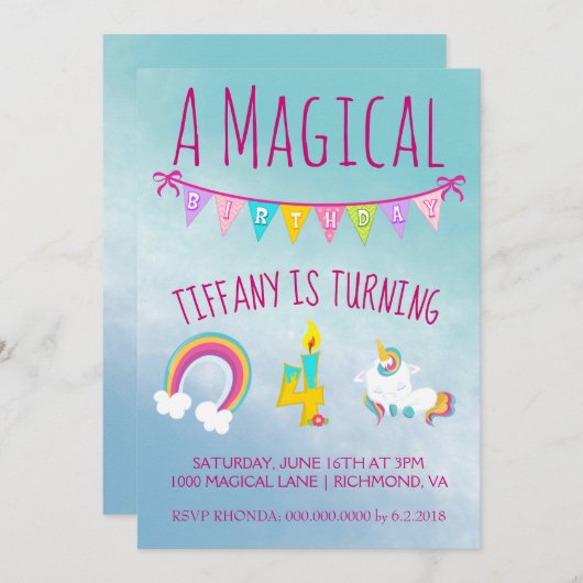 Magical Unicorn Birthday Party Vier jaar oud Kaart (Voorkant / Achterkant)