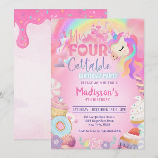 Magical Unicorn Donut Sweet 4th Birthday Kaart (Voorkant / Achterkant)