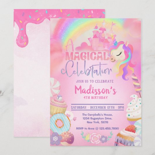 Magical Unicorn Donut Sweet Birthday Invitation Kaart (Voorkant / Achterkant)