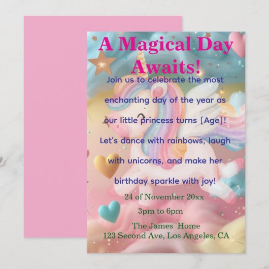 Magical Unicorn Dream Birthday Invitation  Kaart (Voorkant / Achterkant)