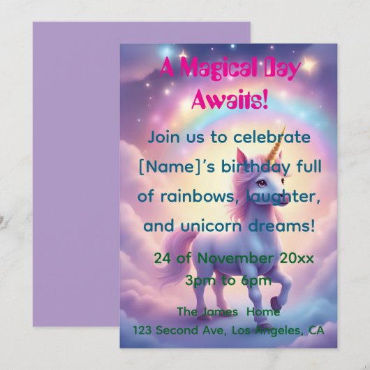 Magical Unicorn Dream Birthday Invitation Kaart (Voorkant / Achterkant)