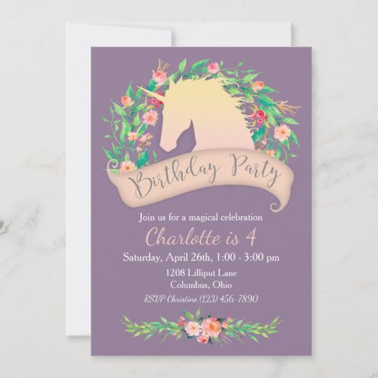 Magical Unicorn Floral Birthday Party Kaart (Voorkant)