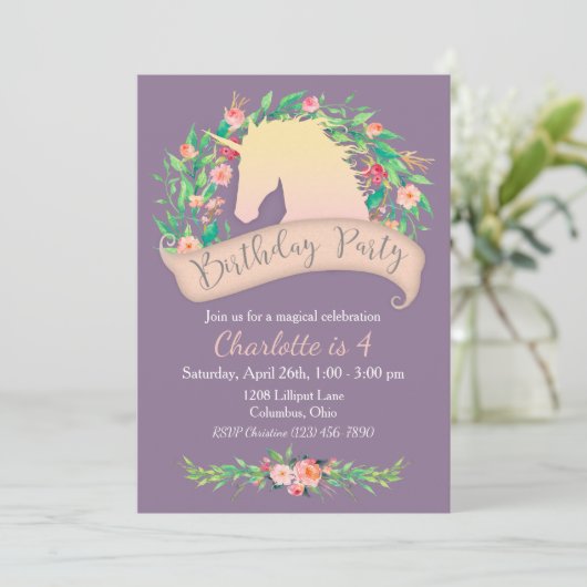 Magical Unicorn Floral Birthday Party Kaart (Staand voorkant)
