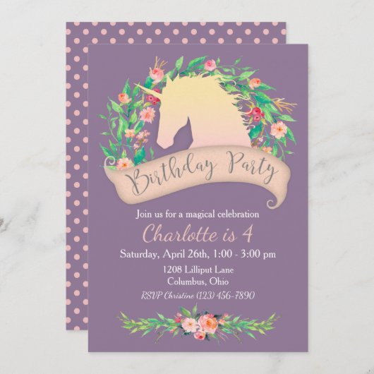 Magical Unicorn Floral Birthday Party Kaart (Voorkant / Achterkant)