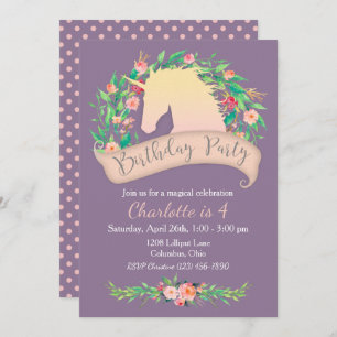 Magical Unicorn Floral Birthday Party Kaart