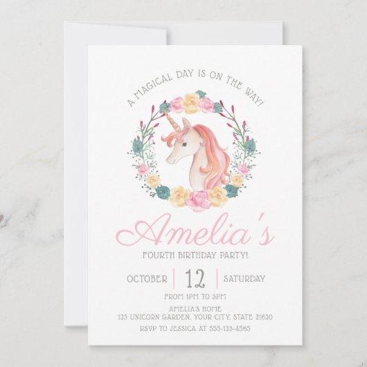 Magical Unicorn Flower Birthday party Kaart (Voorkant)
