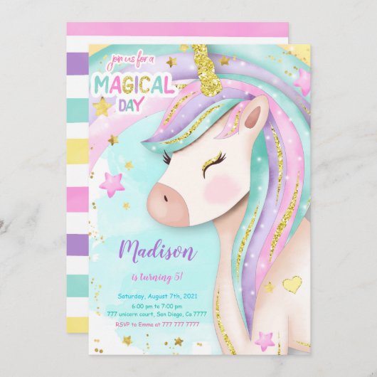 Magical Unicorn Invitation Kaart (Voorkant / Achterkant)