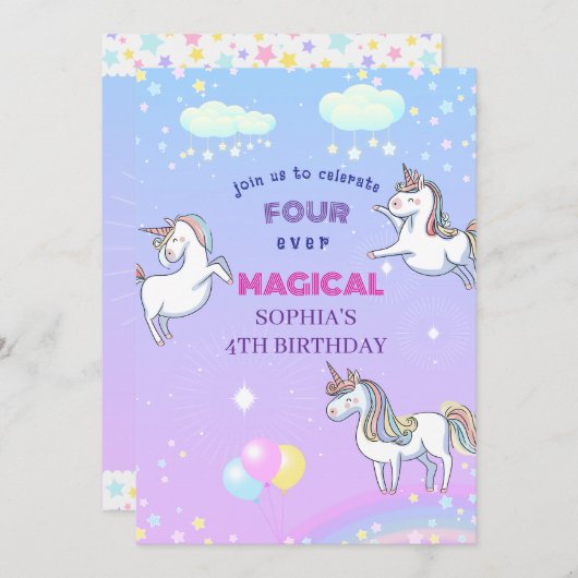 Magical Unicorn Invitation Kaart (Voorkant / Achterkant)
