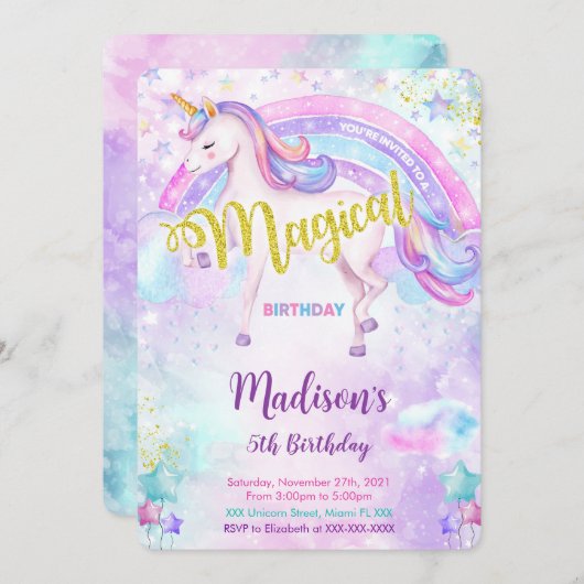 Magical Unicorn Invitation Kaart (Voorkant / Achterkant)