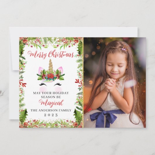 Magical Unicorn KerstHolly Berries 2 Foto Feestdagenkaart (Voorkant)