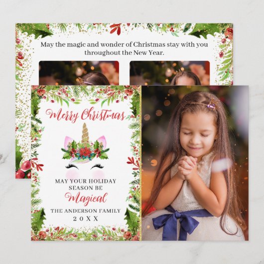 Magical Unicorn KerstHolly Berries 3 Foto Feestdagenkaart (Voorkant / Achterkant)