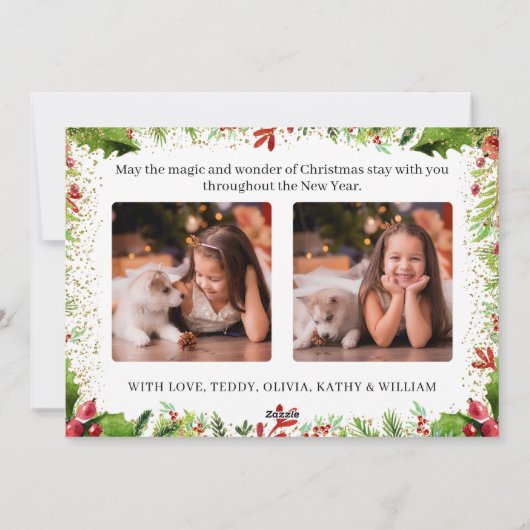 Magical Unicorn KerstHolly Berries 3 Foto Feestdagenkaart (Achterkant)