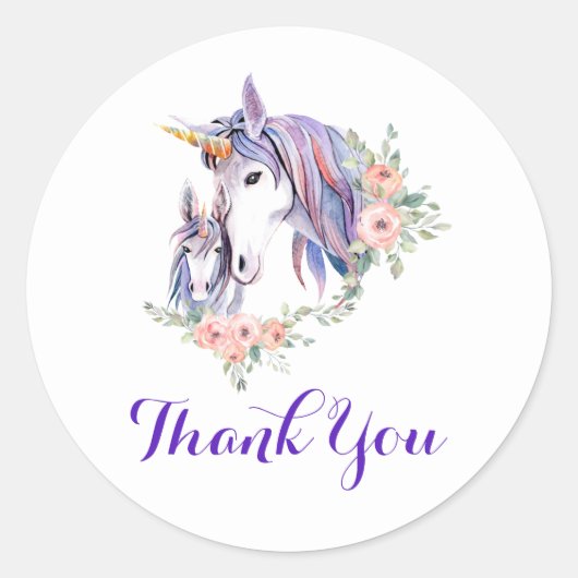 Magical Unicorn Mam & Baby Waterverf Dank je Ronde Sticker (Voorkant)
