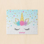 Magical Unicorn Personalized Kinderen Legpuzzel<br><div class="desc">Unieke speciale eenhoornpuzzel voor kinderen. Dit schattige ontwerp heeft een eenhoorn gezicht,  bloemen en sterren. Pas je aan met een naam voor een speciaal cadeau!</div>