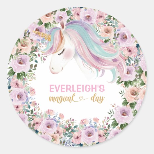 Magical Unicorn Pink Flower 1st birthday Ronde Sticker (Voorkant)