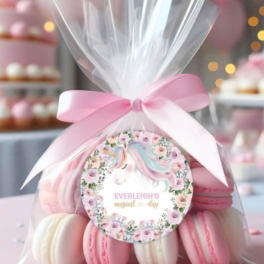 Magical Unicorn Pink Flower 1st birthday Ronde Sticker