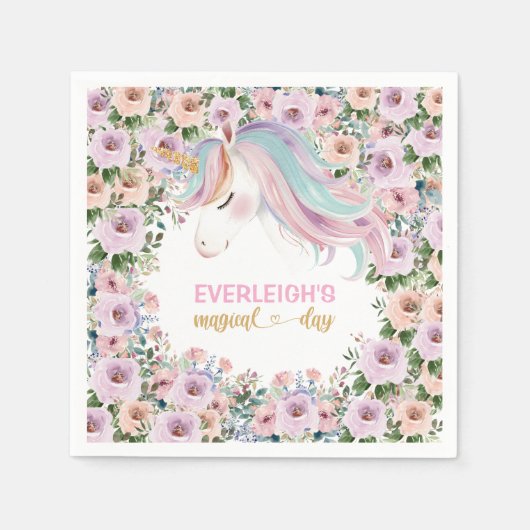 Magical Unicorn Pink Flower 1st birthday Servet (Voorkant)