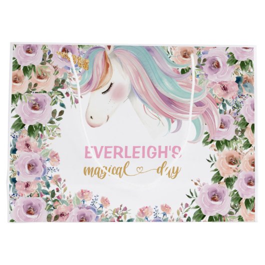 Magical Unicorn Pink Flower birthday Groot Cadeauzakje (Achterkant)