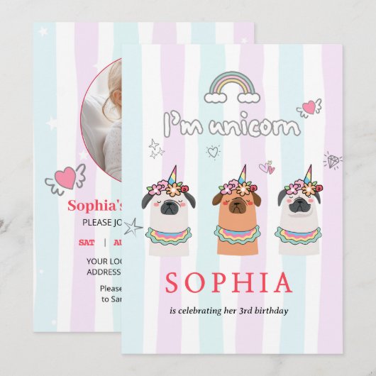 Magical Unicorn Pug Birthday Invitation Kaart (Voorkant / Achterkant)