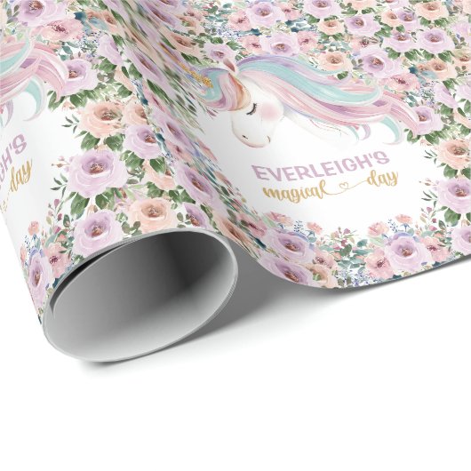 Magical Unicorn Purple Flower 1st birthday Cadeaupapier (Rol Hoek)