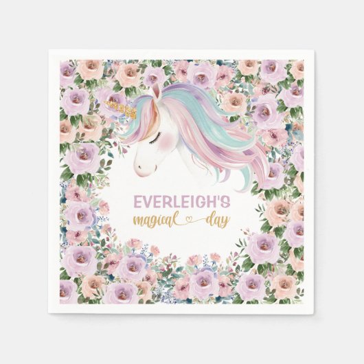 Magical Unicorn Purple Flower 1st birthday Servet (Voorkant)