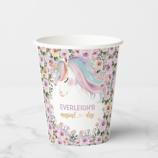Magical Unicorn Purple Flower birthday Papieren Bekers (Voorkant)