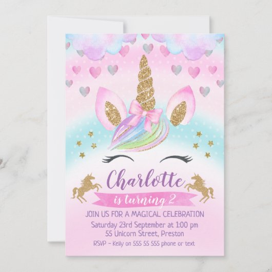 Magical Unicorn Rainbow  Birthday Invitation Kaart (Voorkant)