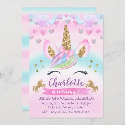 Magical Unicorn Rainbow  Birthday Invitation Kaart (Voorkant / Achterkant)