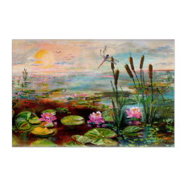 Magical Wetland Sunrise cattails en libellen Acryl Muurkunst