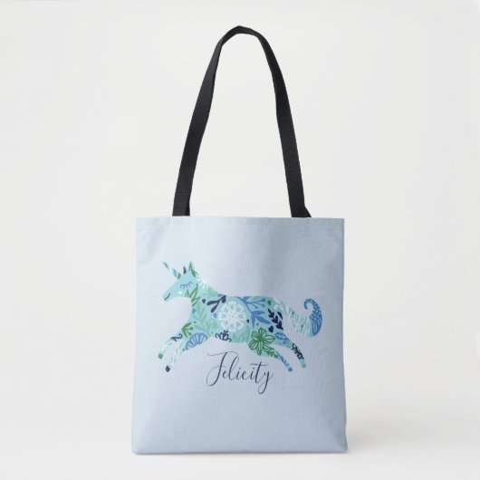 Magical Whimsical Blue Floral Unicorn Monogram Tote Bag (Voorkant)