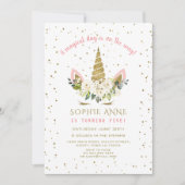 Magical White Floral Gold Unicorn Girl Birthday Kaart (Voorkant)