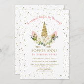 Magical White Floral Gold Unicorn Girl Birthday Kaart (Voorkant / Achterkant)