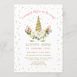 Magical White Floral Gold Unicorn Girl Birthday Kaart