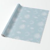 Magical White Moon Sun Stars Blue pattern Cadeaupapier (Uitgerold)