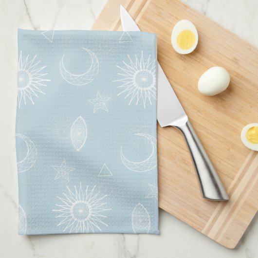 Magical White Moon Sun Stars Blue pattern Theedoek (Quarter Fold)