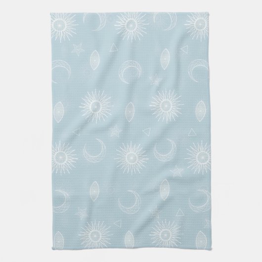 Magical White Moon Sun Stars Blue pattern Theedoek (Verticaal)