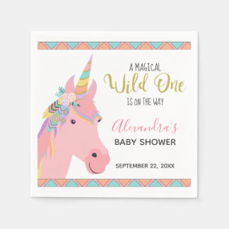 Magical Wild One Cute Pink Unicorn Baby shower Servet
