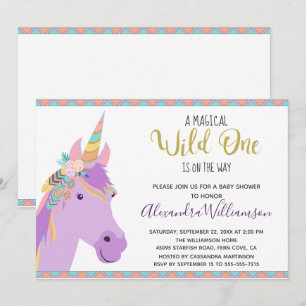 Magical Wild One Unicorn Paars Gold Baby shower Kaart
